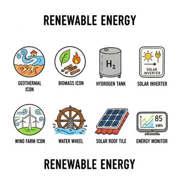 Renewable energy icons grid with titles