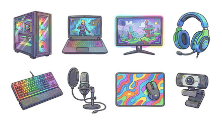 Gaming equipment and accessories colorful illustration