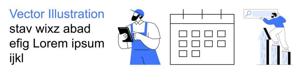 Business organization, time management, digital data, analytics, planning, productivity. Worker with a clipboard, a calendar and data analytics graph. Business organization and time management