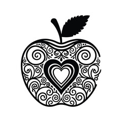 Fototapeta premium Elegant green ornamental apple silhouette with intricate swirls and a heart shape inside