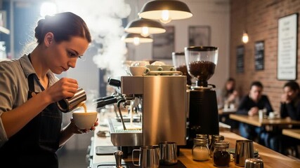 Female barista carefully pouring steamed milk into a coffee cup to create latte art in a cafe - Powered by Adobe