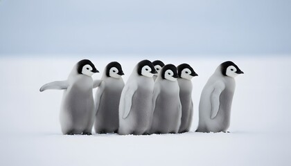 Group of emperor penguin chicks standing together in the antarctic snowscape
