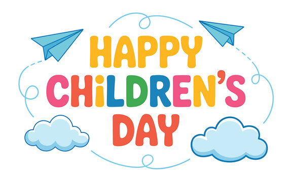 Happy Childrens Day Illustration with Colorful Typography and Paper Airplanes Festive Celebration Graphic