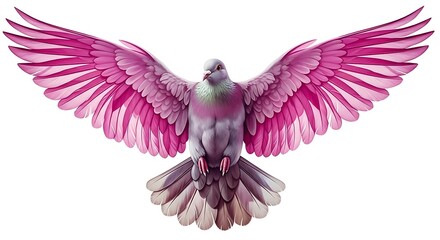 Pink winged dove soaring on white background symbolizing peace and hope