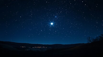 Fototapeta premium Brilliant star shining brightly over quiet town, creating a peaceful, magical night scene that inspires hope and wonder, capturing the spirit of the season