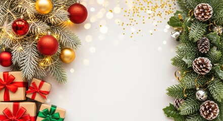 Festive christmas decor home setting image of holiday decorations cozy atmosphere bird's eye view celebration of joyful season with ornaments and gifts