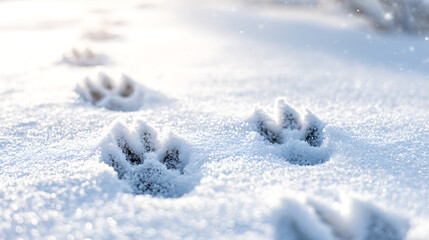 Animal footprints in snow create a path in winter. Crisp details in the snow highlight the paw prints. Winter scene evokes a sense of exploration and wilderness.