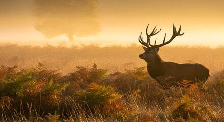 Majestic red deer stag standing proudly in a misty autumn landscape at sunrise