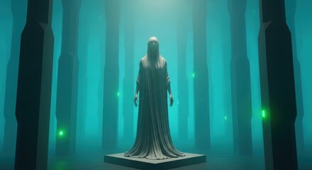 Mysterious ethereal figure illuminated by glowing turquoise light