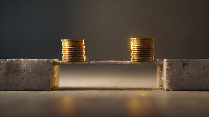 Two stacks of gold coin money bridging a gap between blocks