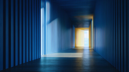 Abstract blue corridor with dramatic light streaming from the end