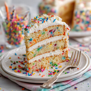 A slice of funfetti cake with colorful sprinkles on a festive birthday table.