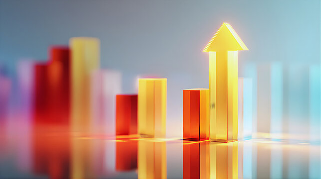 3d rendering of glowing bar chart with upward arrow showing growth