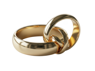 Two intertwined gold wedding rings isolated on transparent background