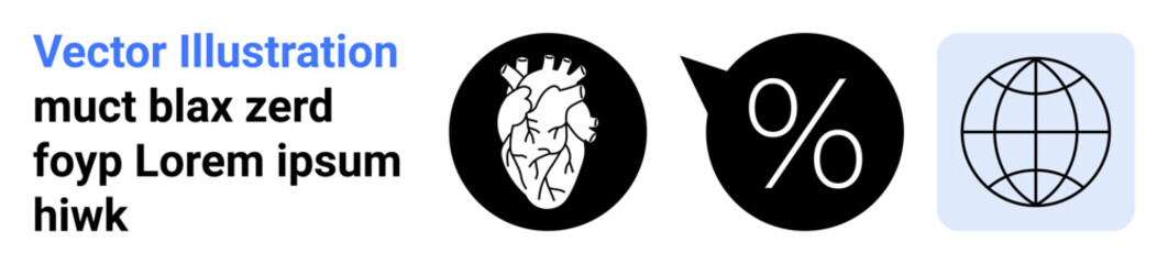 Obraz premium Healthcare, statistics, global communication, medical data, worldwide analysis, cardiology. A heart icon, a percentage symbol inside a speech bubble and a globe. Healthcare and statistics concept