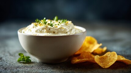 Creamy herb dip in ceramic bowl with crispy chips on dark rustic background