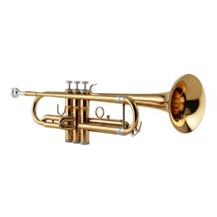 Obraz premium A gleaming brass trumpet with intricate valves and bell isolated on white background