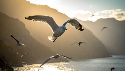 Naklejka premium Seagulls soar over a golden landscape