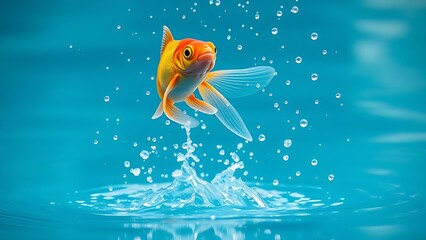 highspeed. A goldfish leaping from water with droplets suspended mid-air against a serene blue pool backdrop. wildlife magazines, conservation campaigns, designed for wildlife conservation campaigns.