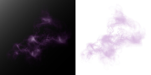 Soft swirling purple smoke with glowing white centers, presented in two variants: dark transparent mist on the left and vivid neon-purple stylized smoke on the right.