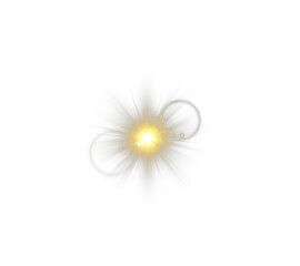 Bright golden starburst with swirling light trails and sparkling particles radiating from the center. Intense glowing energy effect on a dark background. High-quality PNG.