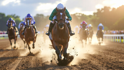 Dynamic shot of thoroughbred racehorses and jockeys in full gallop on a dusty track, kicking up dirt as they compete fiercely for victory with incredible speed and power