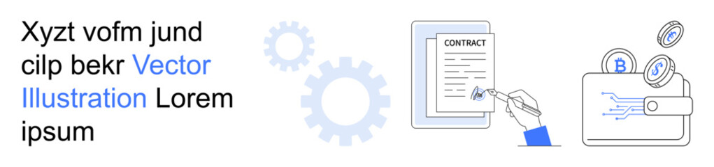 Business agreements, cryptocurrency, blockchain, digital payment, document signing, finance. Hand signing a digital contract and a wallet with blockchain elements. Business agreements