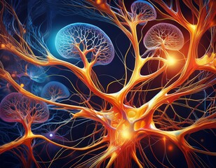 exploring the intricate world of neurons and brain structures in a stylized microscopic visualization of brainstem tissue