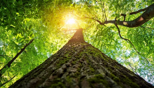 low angle view of tree trunk ascending towards green leaves and sunlight