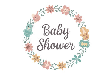 Charming floral wreath with cute baby toys encircles heartwarming 'Baby Shower' text, perfect for invitations and decorations celebrating new arrivals with joy and tenderness.