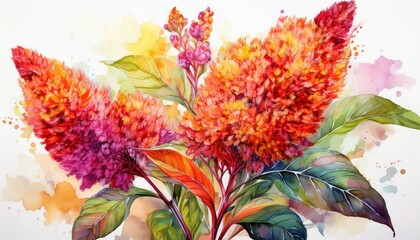 watercolor orange amaranth with colorful foliage on white background