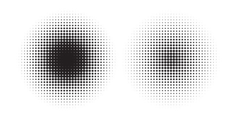 Set of dotted circles with halftone effect. Collection of round shapes with polka dot print isolated on white background. Simple circular design elements. Vector graphic illustration.