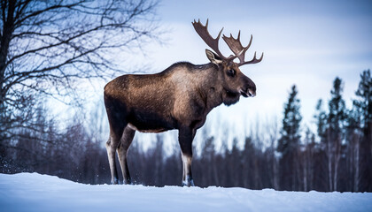 Majestic bull moose stands tall in a serene snow-covered winter landscape with bare trees in the background