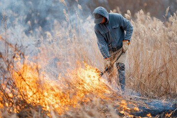Man Clearing Fire from Spring Grass
