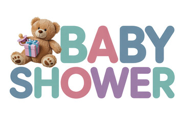 Adorable teddy bear holding gift and pacifier beside colorful "Baby Shower" text, perfect for invitations and party decorations celebrating new arrivals and joyous moments.