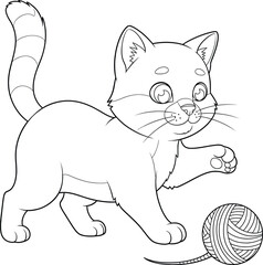 Cute Cartoon Kitten Playing with Yarn Ball – Adorable Cat Line Art Illustration for Coloring Pages, Kids Activities, and Creative Design Projects
