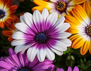 Obraz premium colorful osteospermum flowers in bloom purple yellow white blossoms