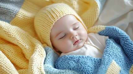 Precious baby peacefully sleeping in a soft, cozy blanket with a sweet yellow cap for newborn announcements and family memories