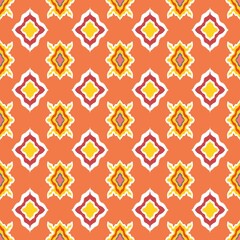 Flame-style tribal diamond pattern in red–yellow on orange. Perfect for bold ethnic fashion or decor.
