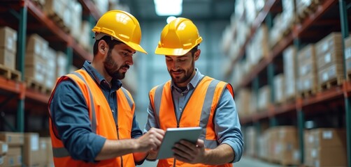 Two men in safety vests and helmets review data on a tablet inside warehouse. Workers discuss project using modern tech in logistics area. They monitor production and quality control.