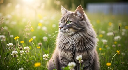 Majestic maine coon cat sitting in a sunny meadow of dandelions
