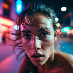 Woman Riding Through Night City with Colorful Neon Lights