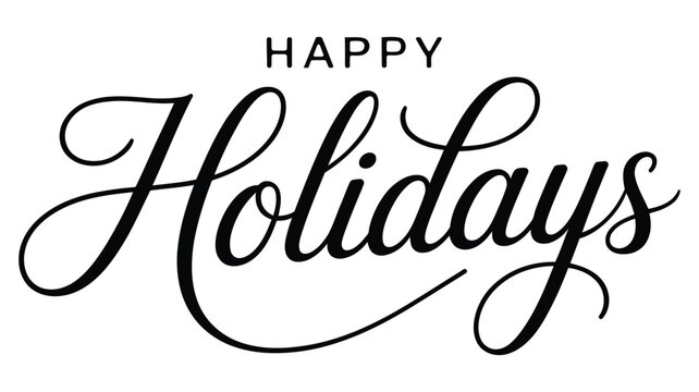 Elegant black and white Happy Holidays script lettering with decorative calligraphy style, ideal for seasonal greeting cards, festive winter messages and holiday designs