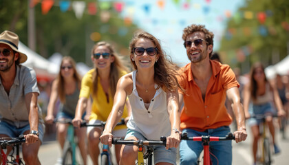 Group of smiling friends cycle together on bicycles past colorful festival tents. People enjoy summer outdoor event, sunny day, recreation and togetherness.