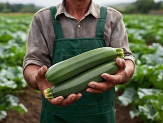Hands holding fresh green zucchinis in a lush vegetable field, showcasing the harvest process and connection to nature, emphasizing organic farming practices and sustainability