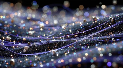 Futuristic stream of glowing particles and purple light trails on a dark abstract background.

