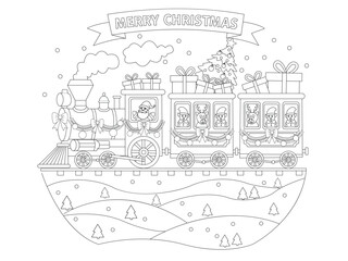 Christmas train with gifts and a tree coloring page. Template for crafting and embroidery. Vector illustration.