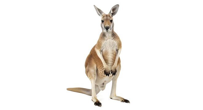 Full body shot of a red kangaroo standing upright on white background