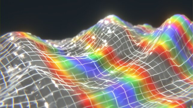 Glowing wireframe landscape with vibrant rainbow refraction for a futuristic synthwave design.