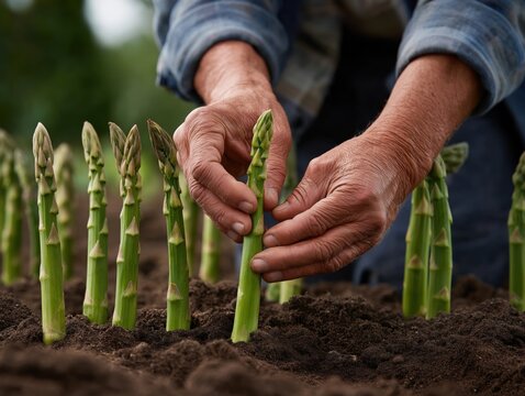 Hands of a gardener carefully picking fresh asparagus from the soil, surrounded by vibrant green stalks, showcasing the beauty of organic farming and sustainable agriculture practices